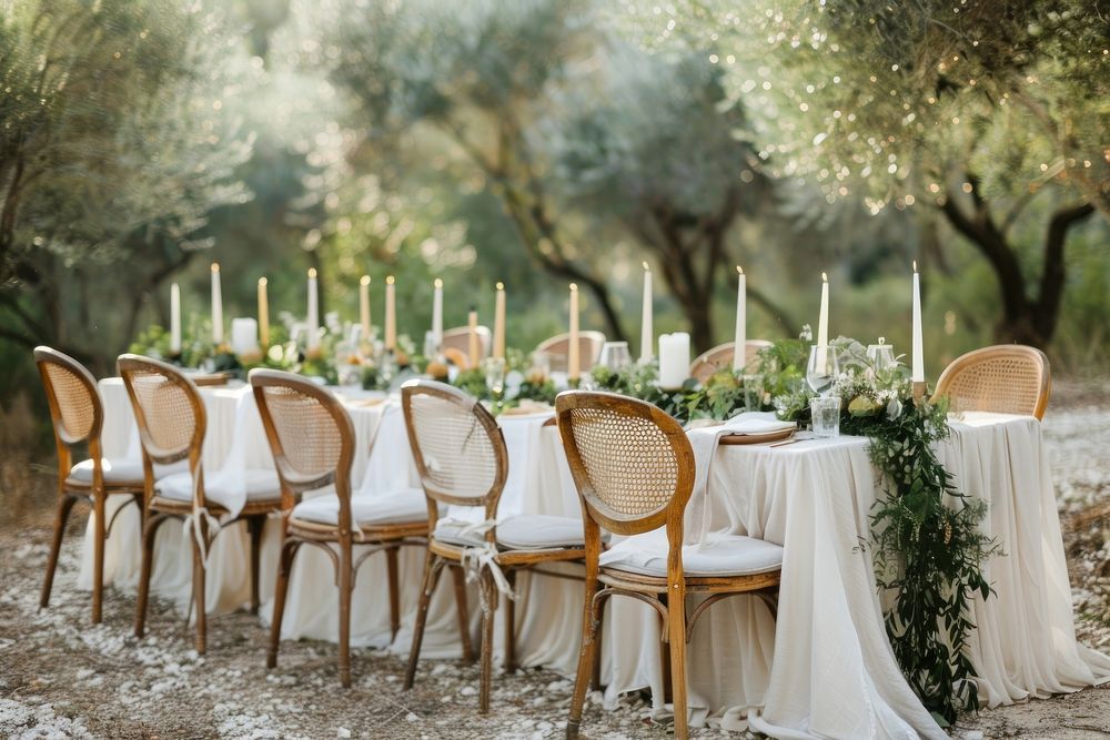 A rustic wedding table setting candle people chair.