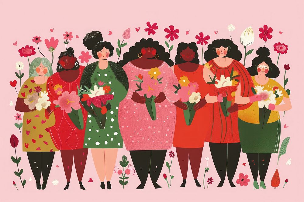 Chubby diverse women flower art graphics.