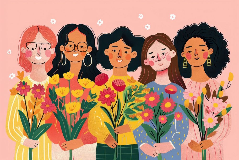 Happy diverse women flower art illustrated.