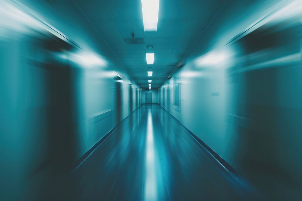 Abstract blurred of hospital corridor architecture building.