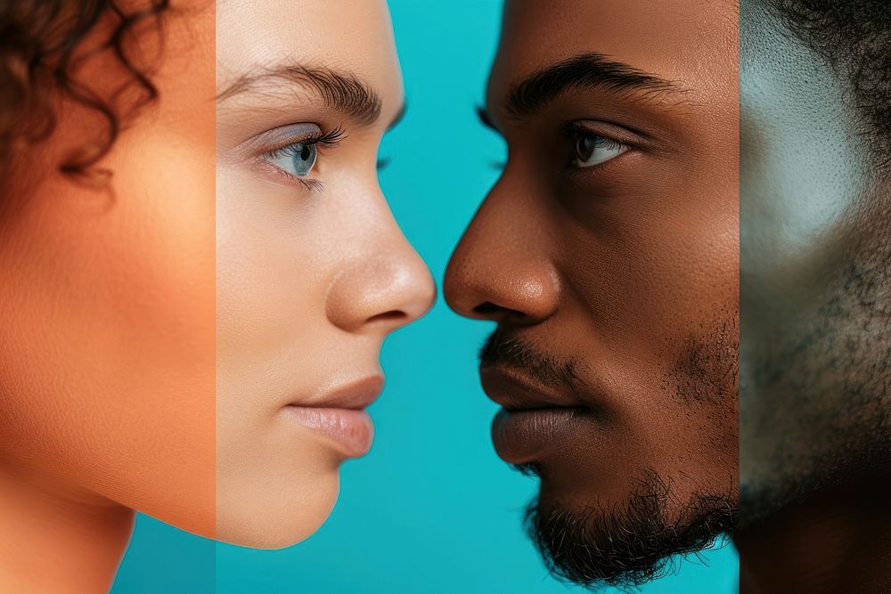 Gender equality Couple of cropped images of multiethnic man and woman face person female.