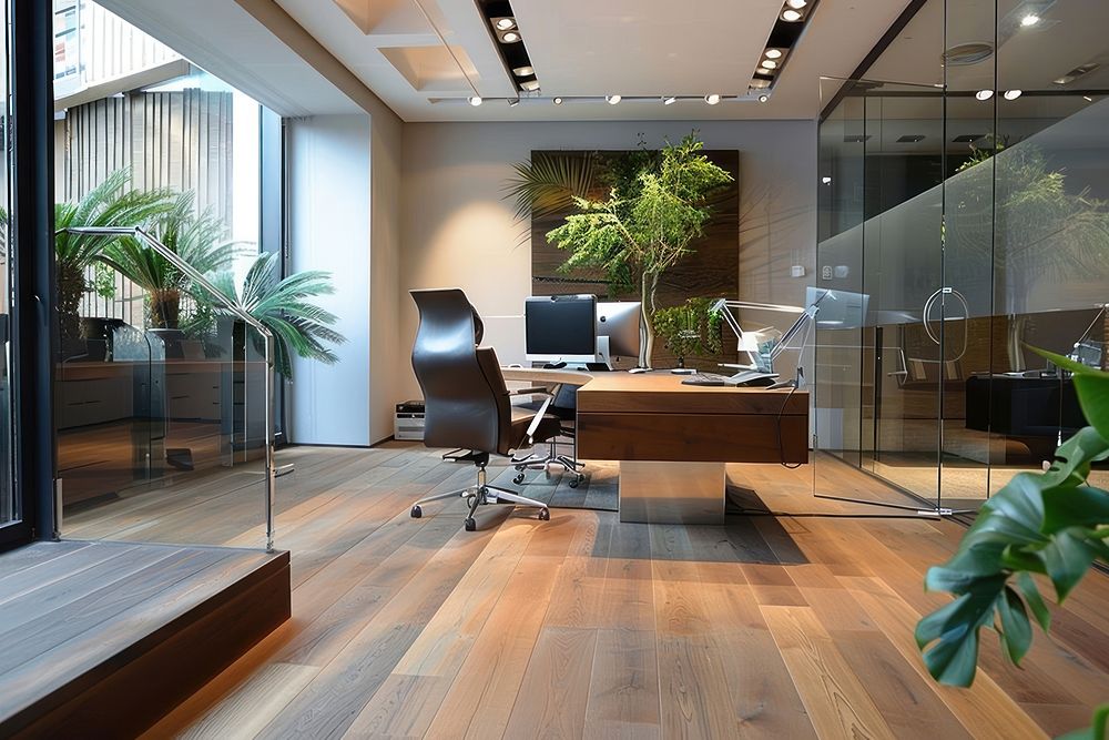 Modern office interior design electronics furniture hardware.