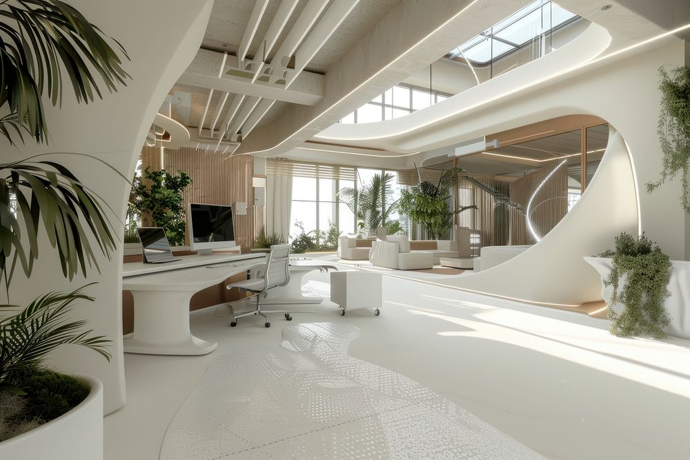 Modern space office interior architecture electronics furniture.