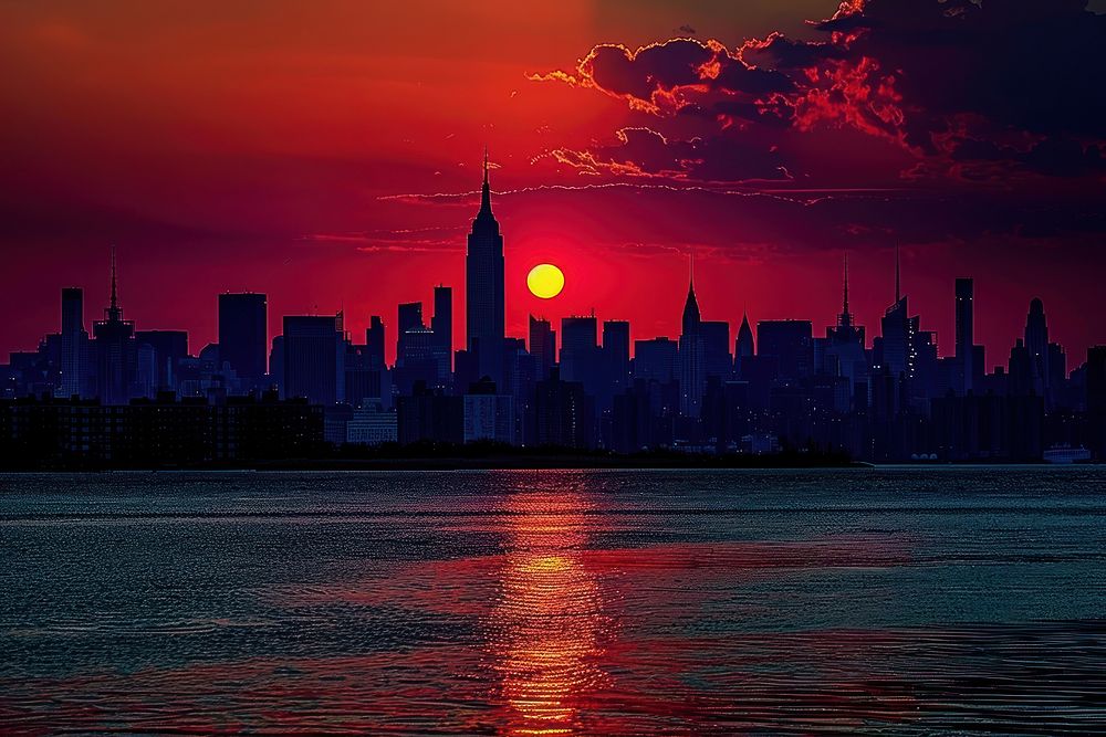 New York city skyline and skyscraper sunset architecture cityscape.