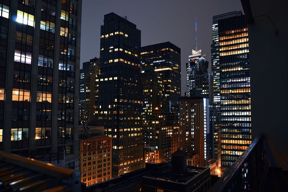 New York city skyline and skyscraper night town architecture.