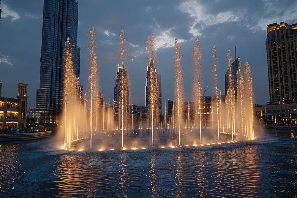 Singing fountains in Dubai transportation architecture cityscape.