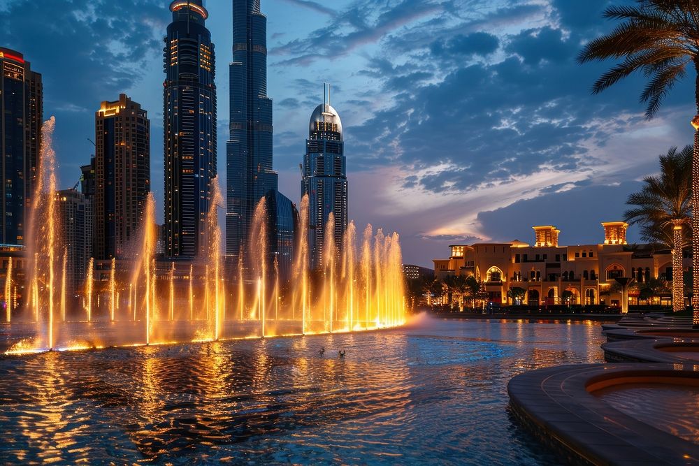 Singing fountains in Dubai architecture metropolis cityscape.