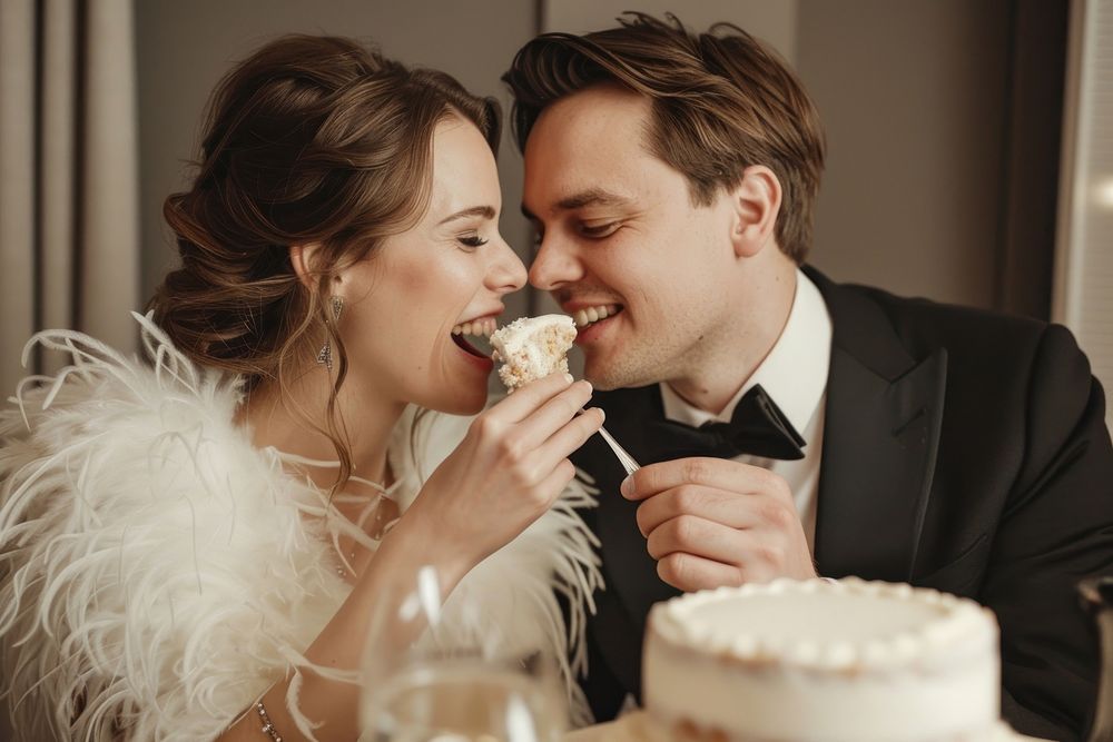 Wedding cake eating bride cream.