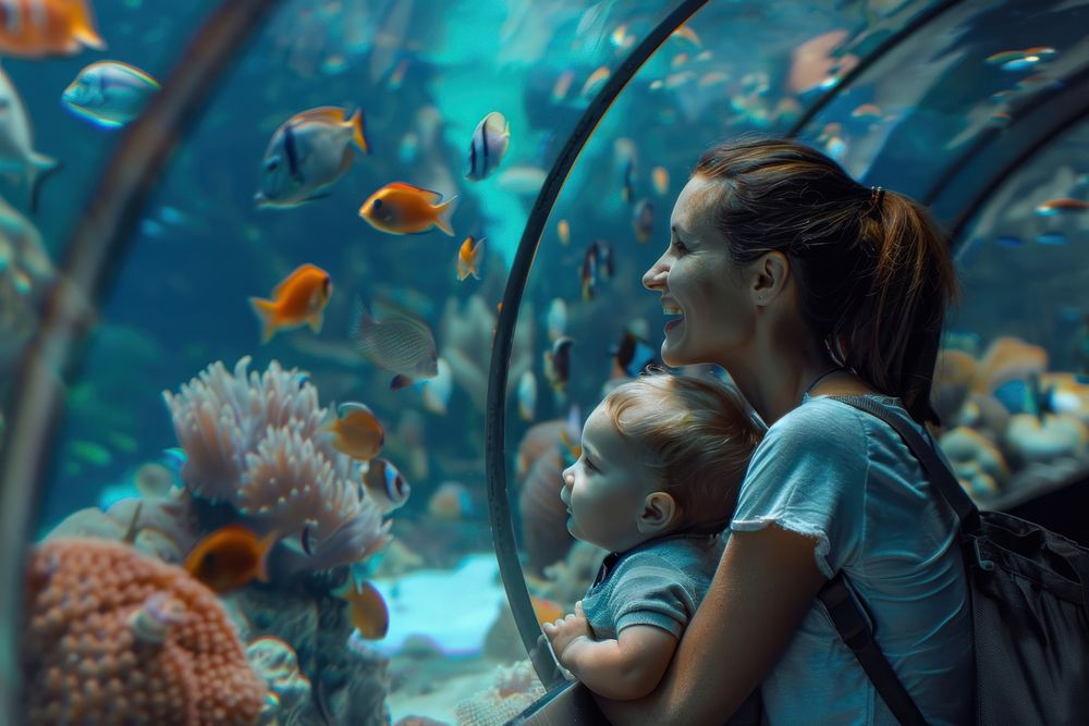 Mother and child look at fish at the underwater tunnel photography accessories accessory.