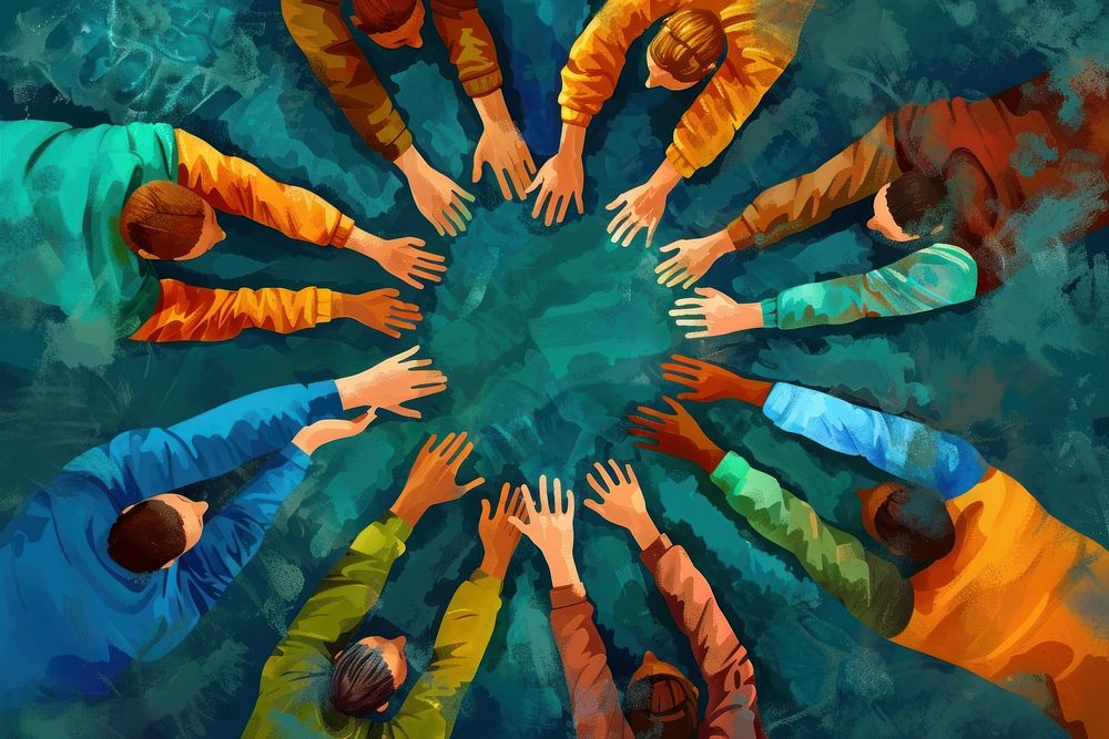 Group of people in circle from diverse culture holding hands recreation swimming painting.