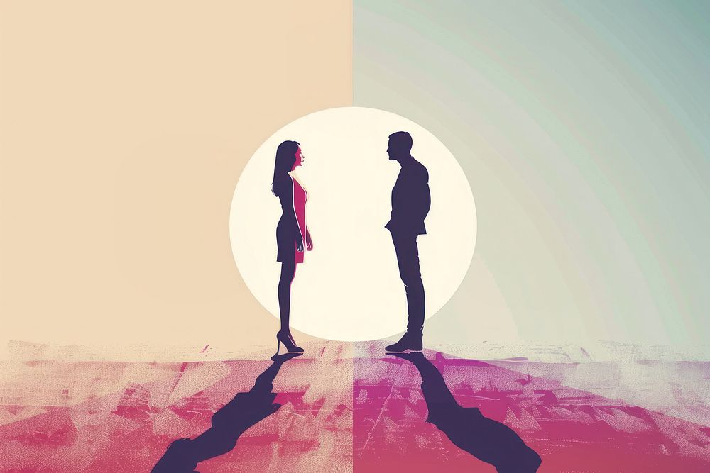 Man and woman standing on gender symbols backlighting silhouette clothing.