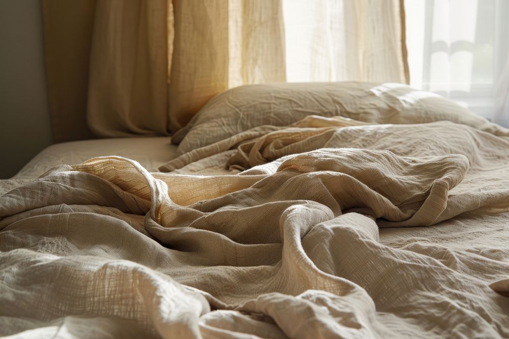 Beige linen bed top furniture blanket cushion.