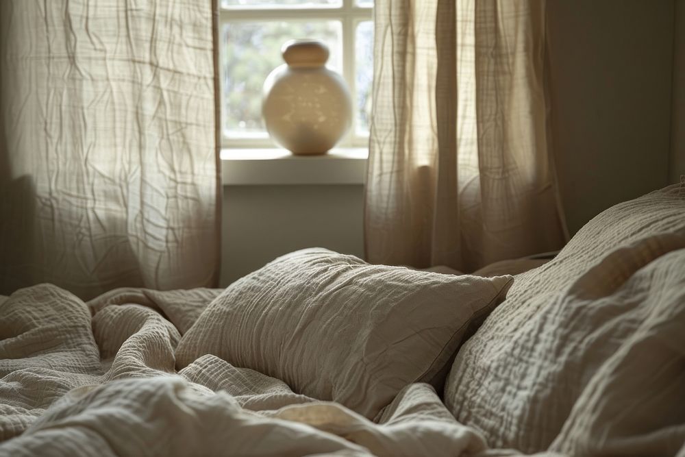 Beige linen bed top furniture cushion blanket.