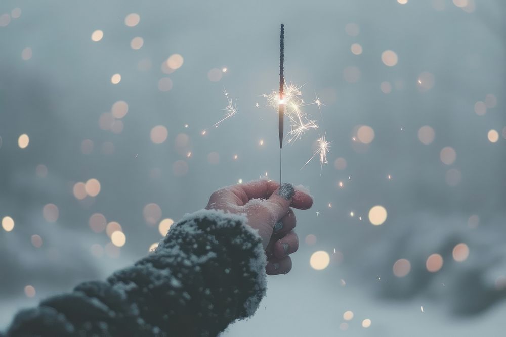 Hand holding a burning sparkler hand snow fireworks.