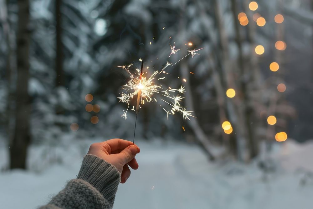 Hand holding a burning sparkler photo snow photography.