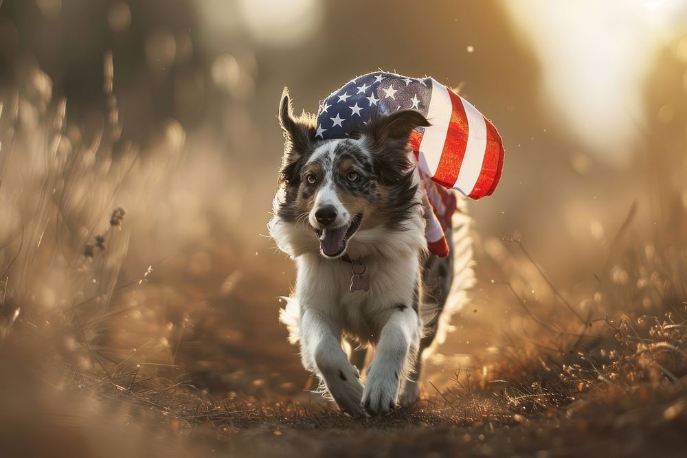 Border collie dog running outside carrying the American Flag flag animal canine.