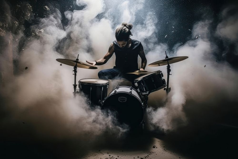 Drummer playing the drums with smoke and powder drummer recreation percussion.