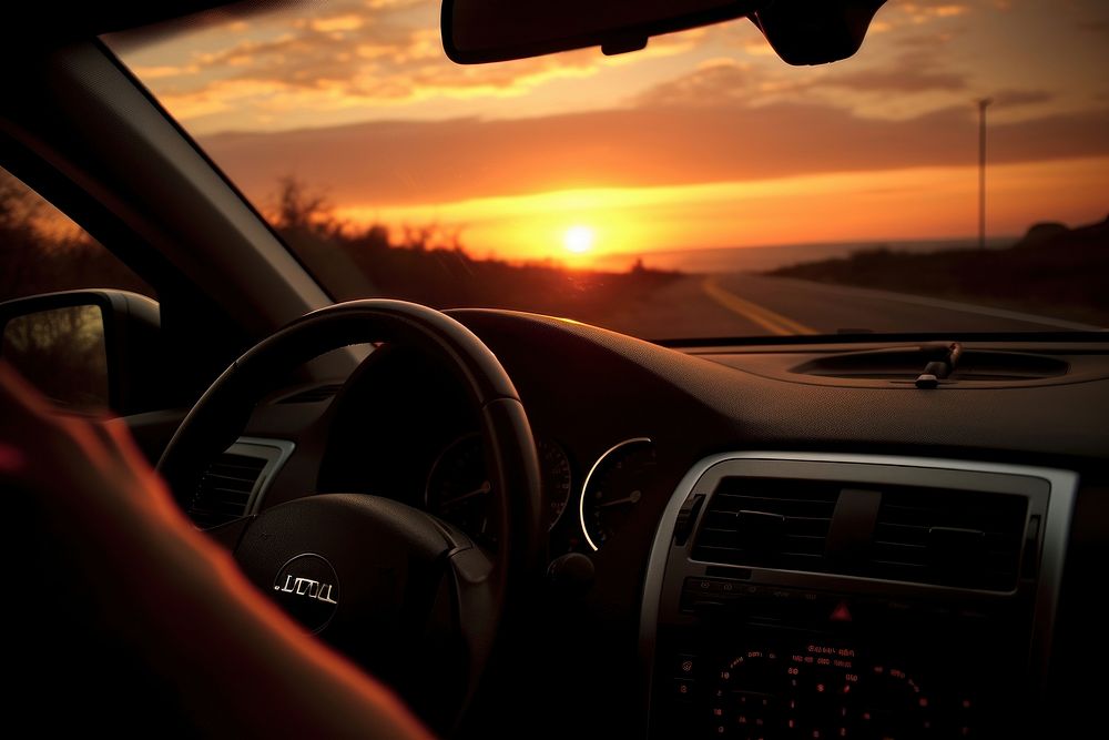 Driving a car at sunset transportation automobile outdoors.