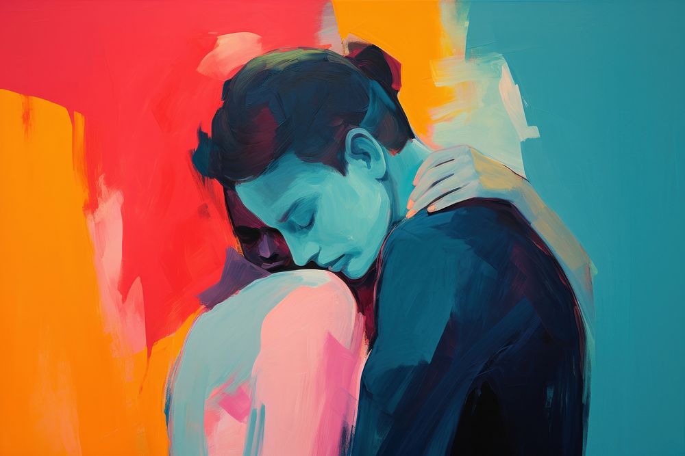 Person hug themselve painting romantic hugging.