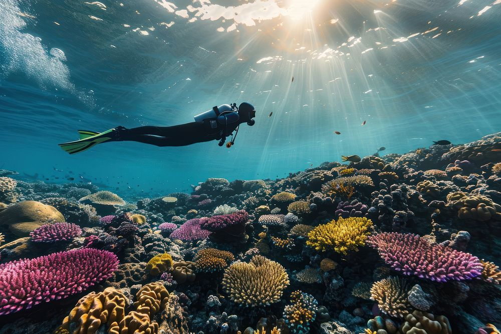 Free diver swimming underwater over vivid coral reef ocean sea recreation.