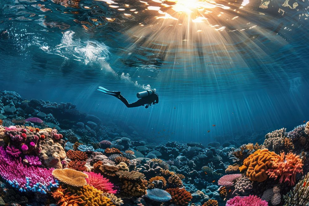 Free diver swimming underwater over vivid coral reef recreation adventure outdoors.
