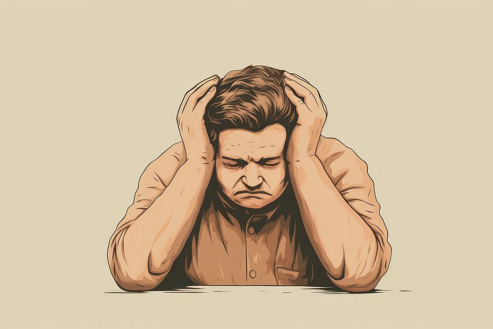 Stressed fat man take a hand holding his head photography illustrated portrait.