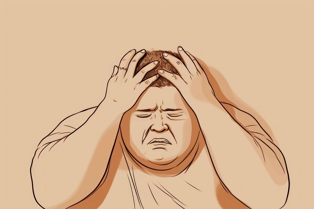 Stressed fat man take a hand holding his head illustrated drawing person.