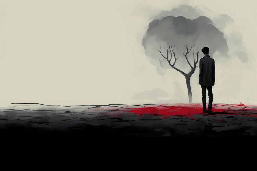 Sad person standing alone illustrated silhouette painting.