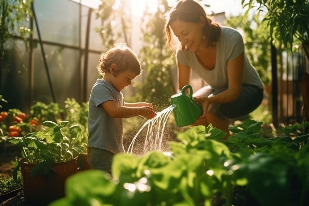 Mother and his child enjoy watering the plants gardening outdoors nature.