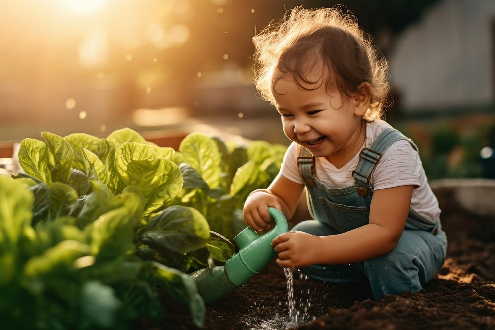 Mother and his child enjoy watering the plants vegetable produce female.