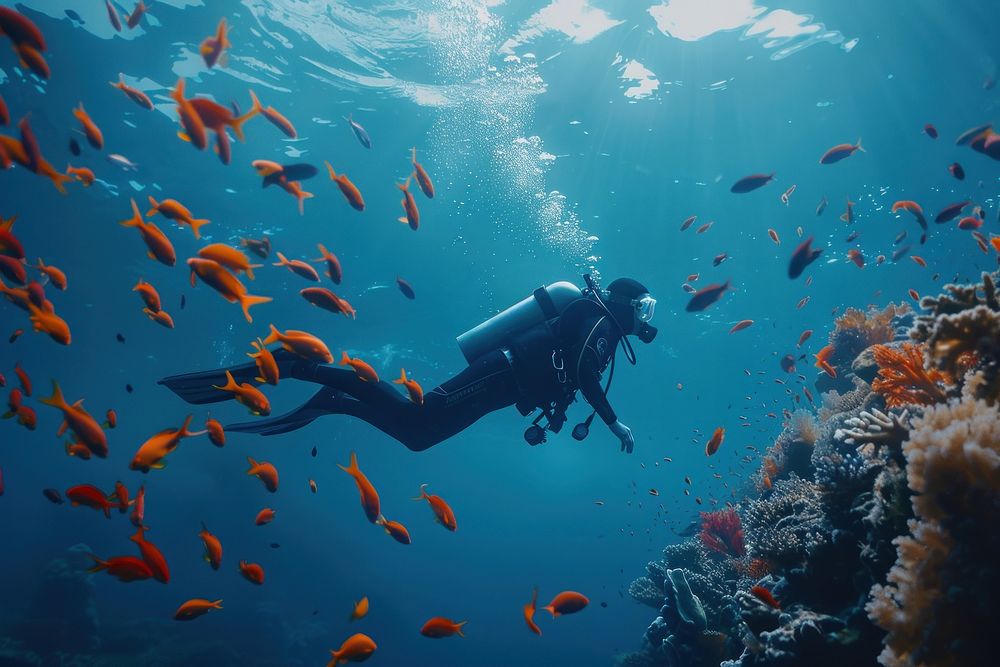 Scuba Diver in Ocean fish recreation underwater.