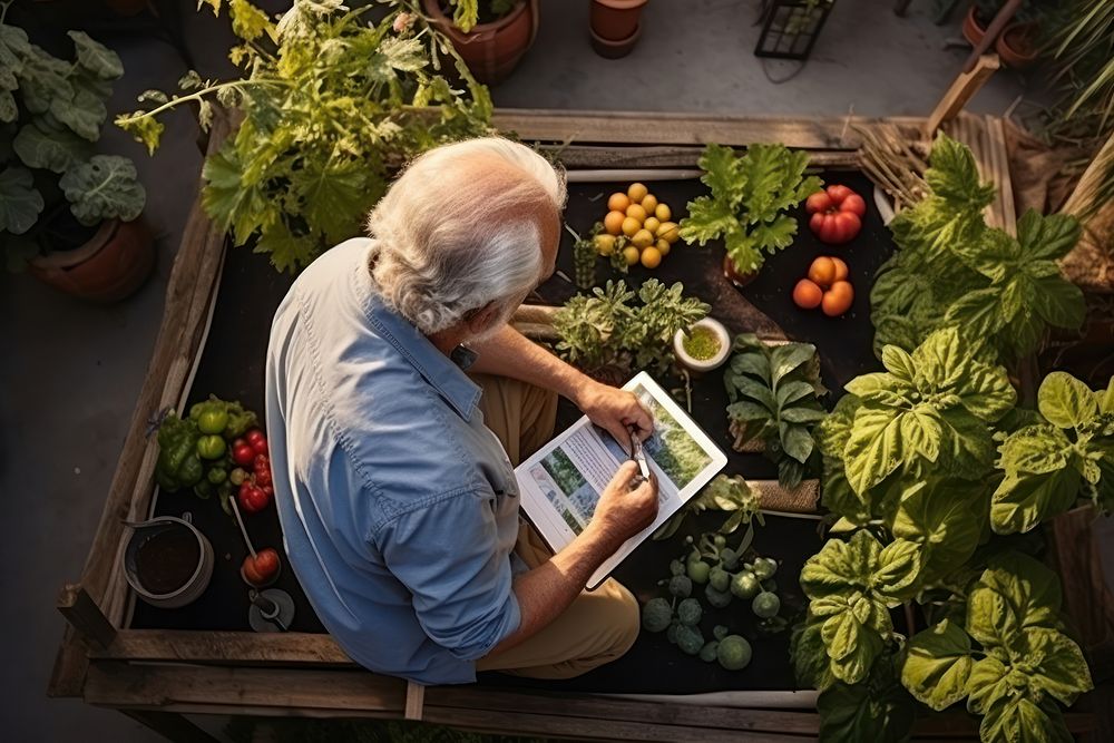 Vegetable plot in his backyard checking quality by tablet publication gardening outdoors.