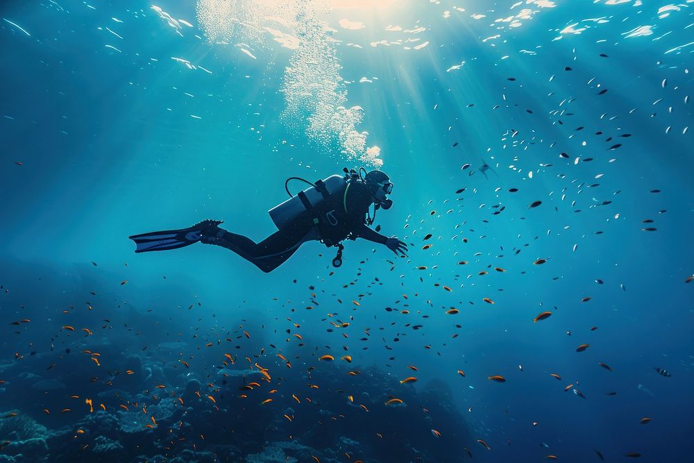 Person scuba diver diving recreation underwater adventure.