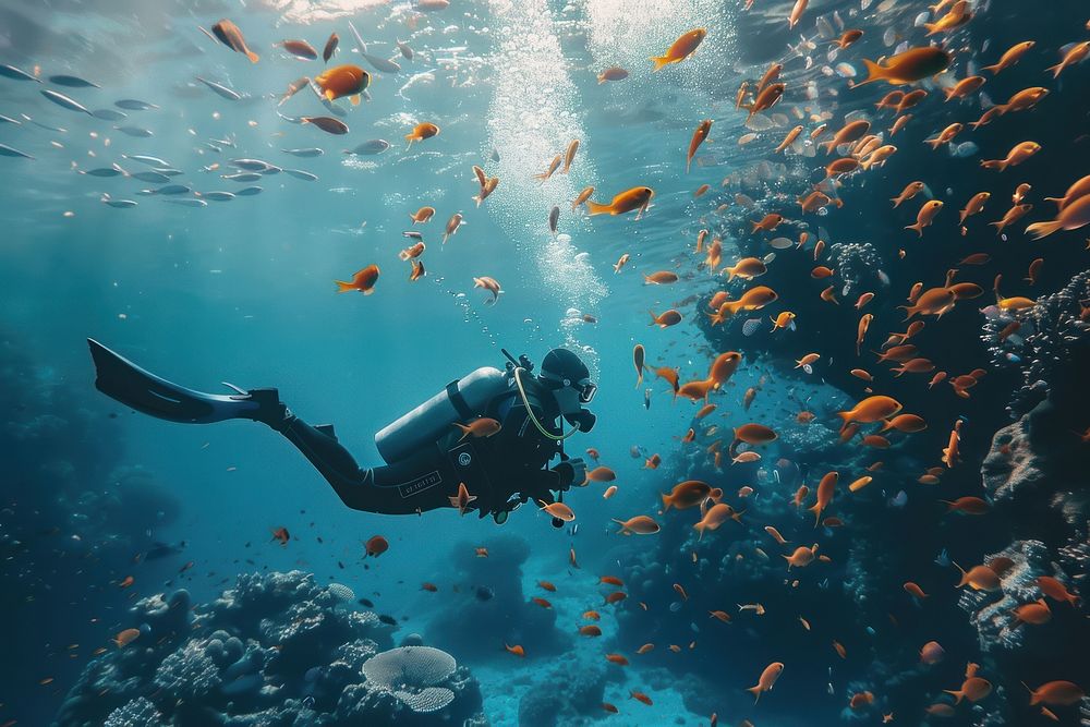 Person scuba diver diving accessories recreation underwater.