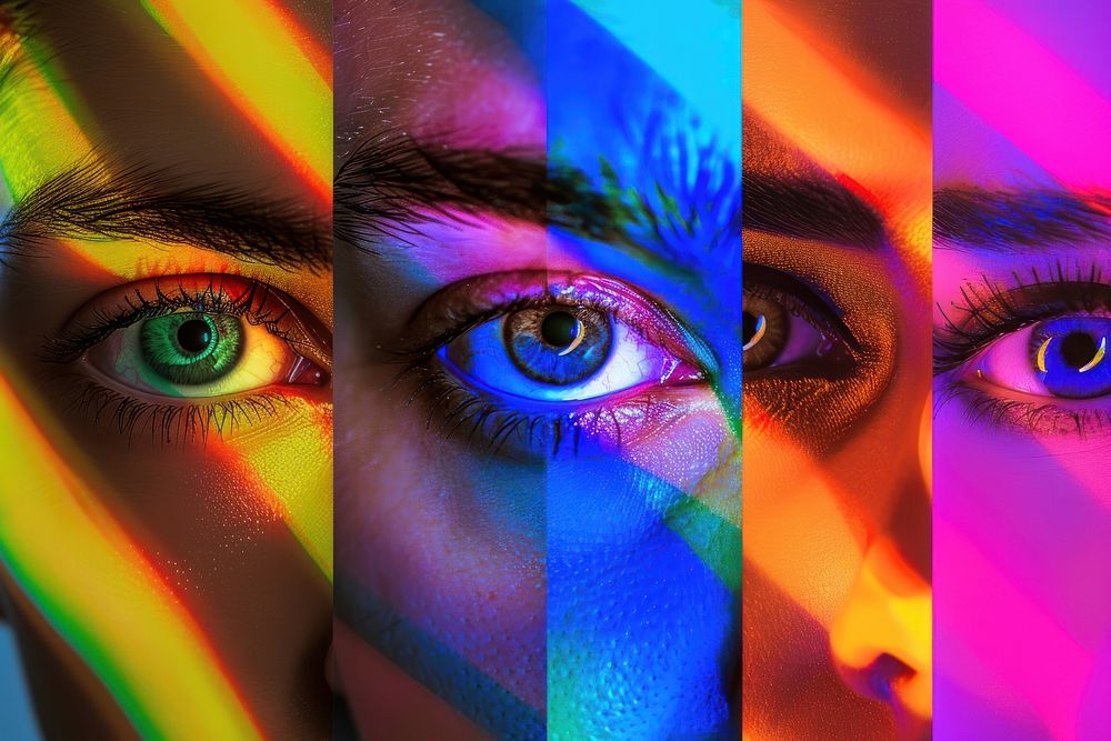 Collage of close-up male and female eyes collage lighting person.