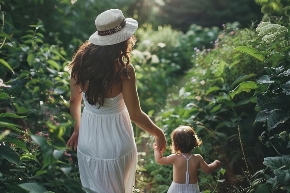 A woman holding a hand child in a garden photo photography vegetation.
