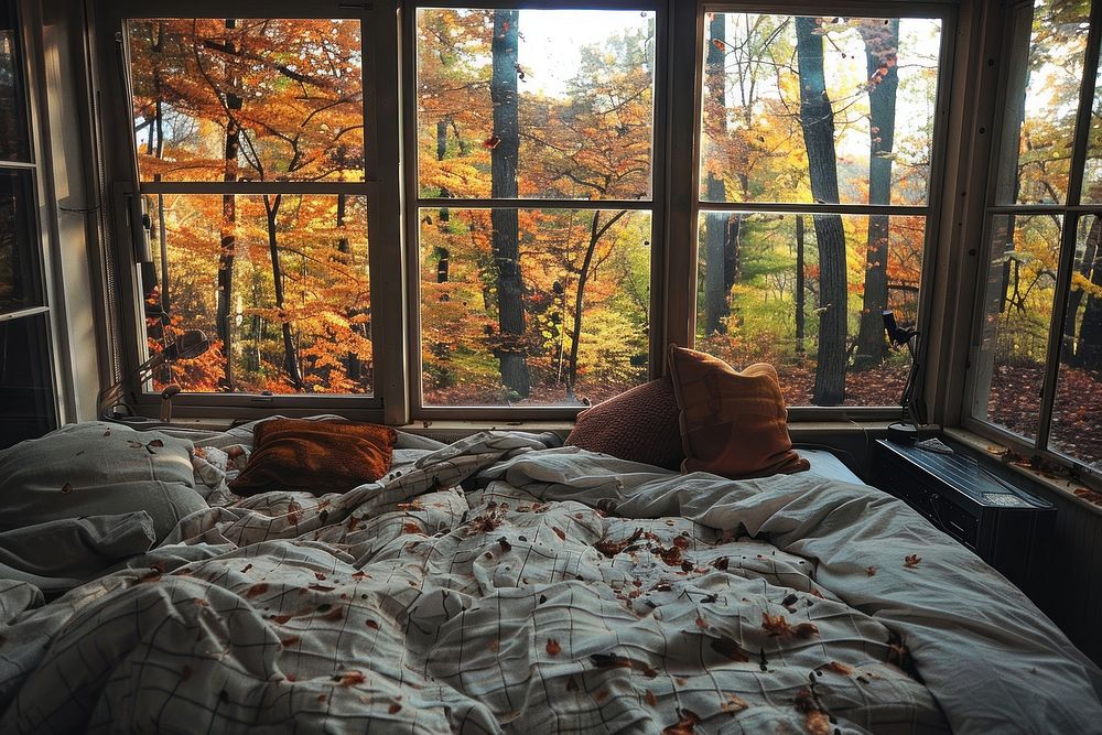 Bedroom is in the autumn vegetation furniture outdoors.