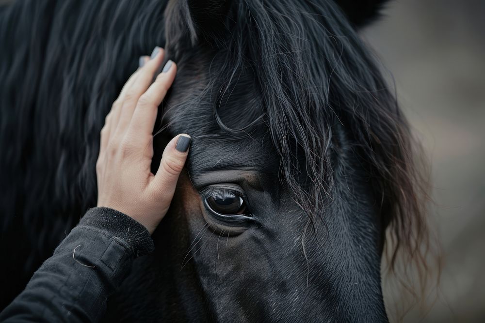 A female hand stroking a black horse head photo photography stallion.