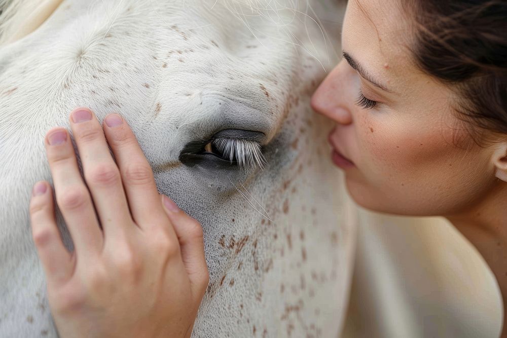 A female hand stroking a white horse head portrait photo photography.