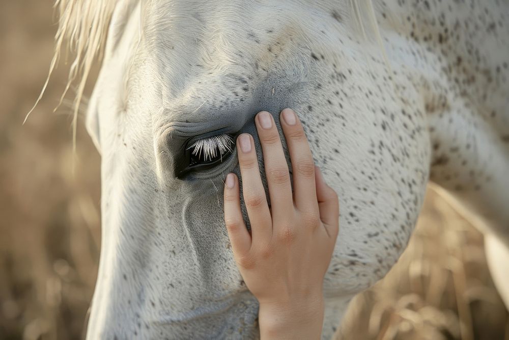 A female hand stroking a white horse head photo photography finger.