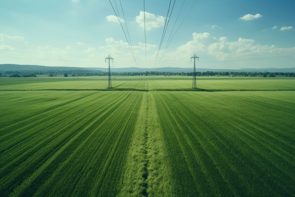 Aerial view of a green field with a power line in the middle of it countryside outdoors horizon.