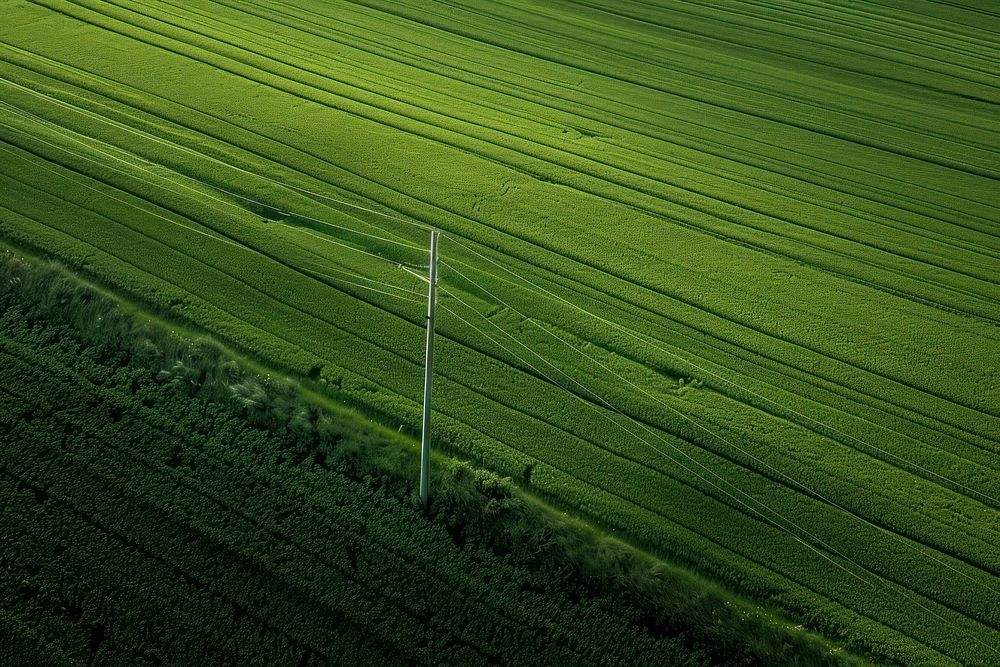 Aerial view of a green field with a power line in the middle of it countryside outdoors nature.