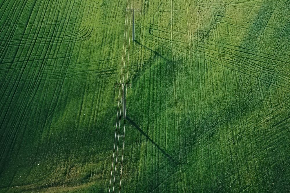 Aerial view of a green field with a power line in the middle of it countryside outdoors windmill.