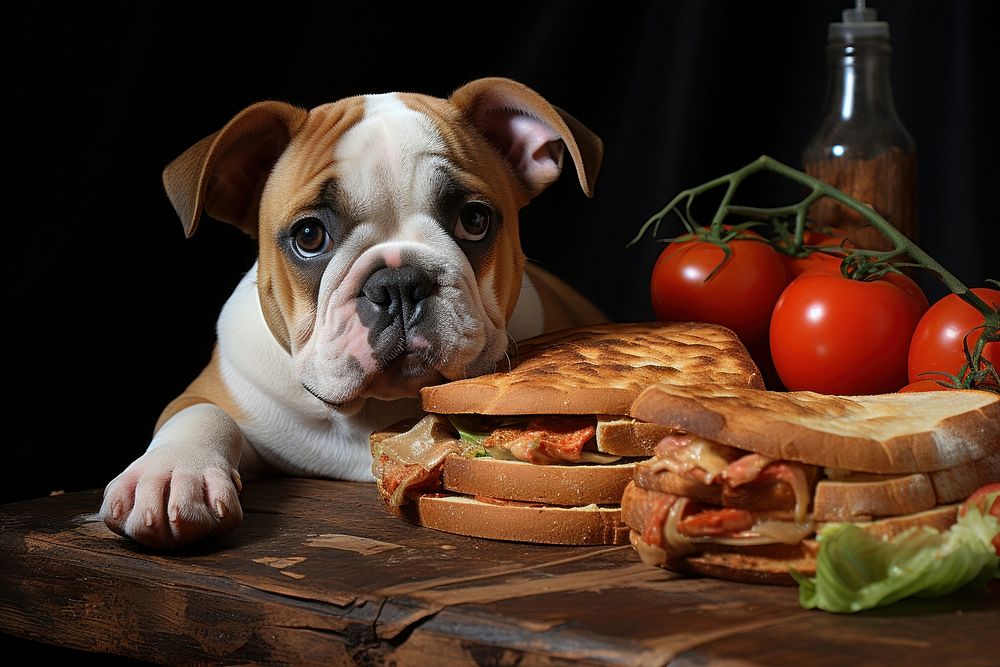 Bulldog eat bone sandwich animal canine.