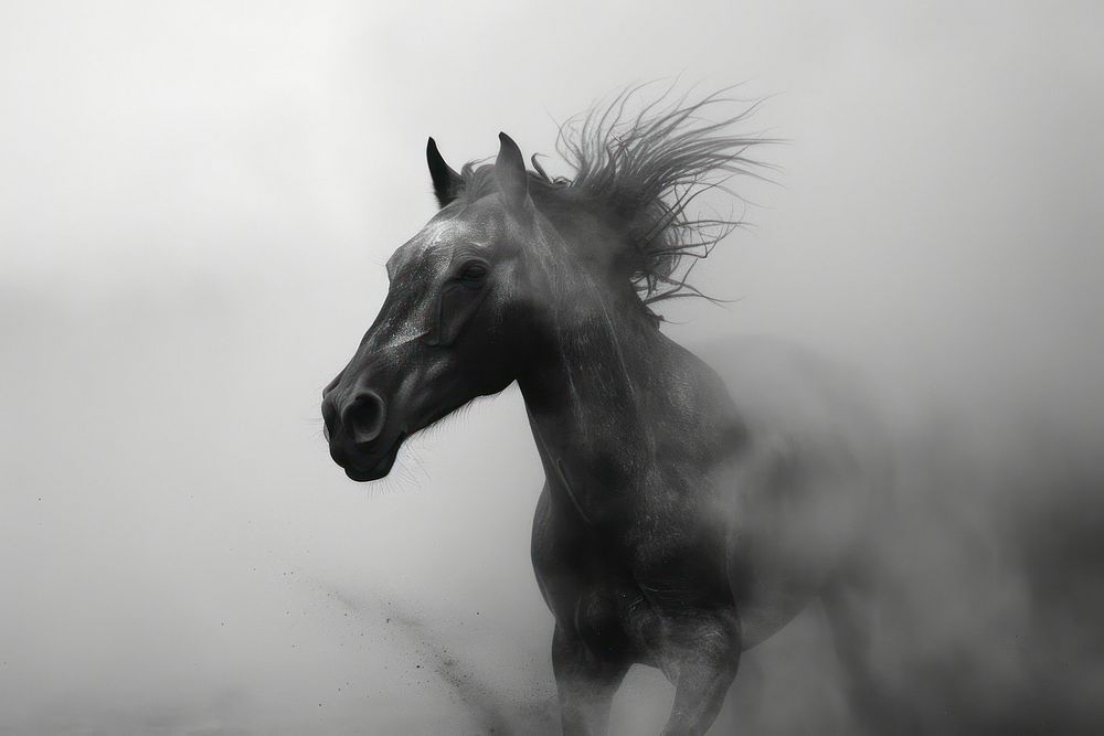 Black horse in dust stallion outdoors animal.