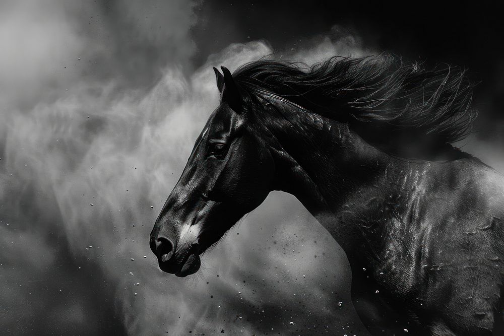 Black horse in dust stallion animal mammal.