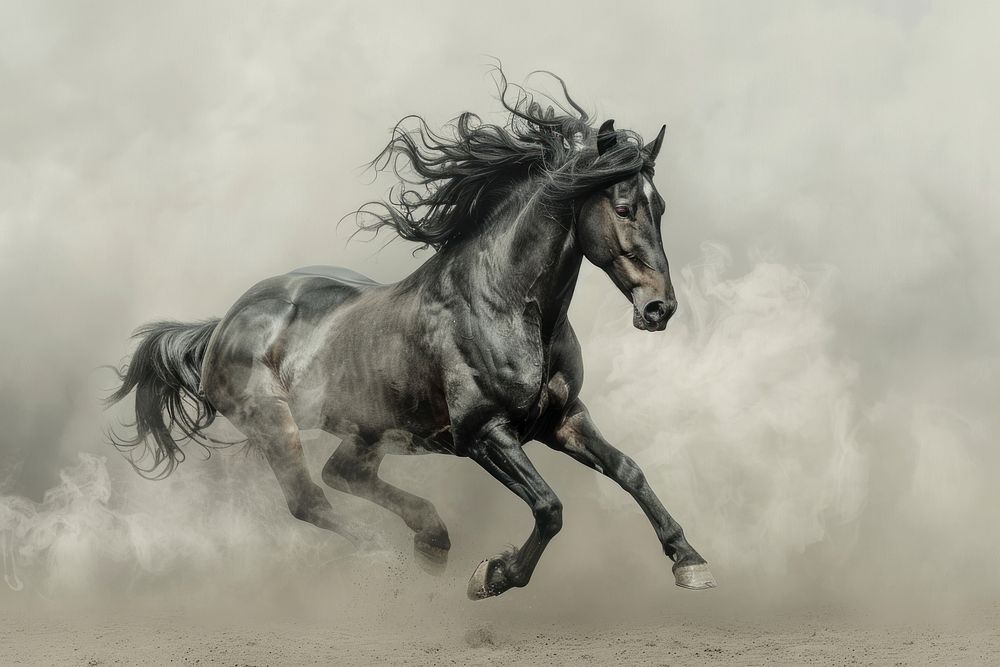 Black Spanish horse rearing in light smoke stallion animal mammal.