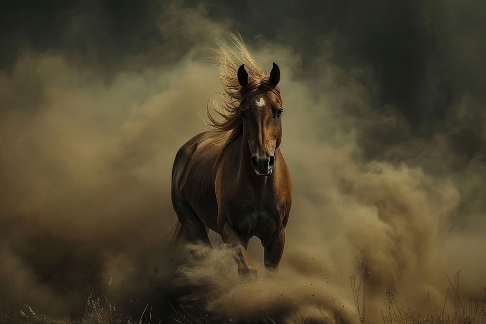 Brown horse in dust stallion outdoors animal.
