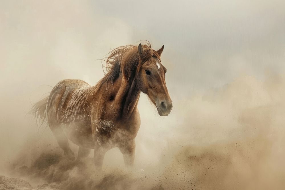 Brown horse in dust outdoors animal mammal.