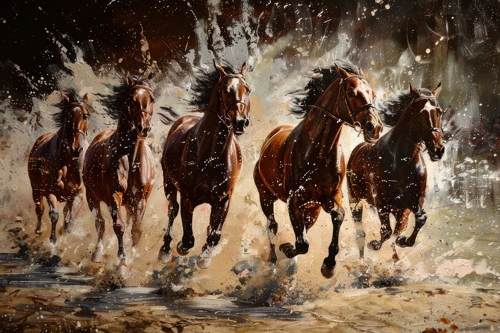Galloping race horses in racing painting animal mammal.
